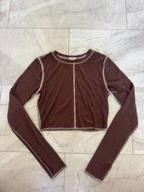 Garage Brown Ribbed Contrast Stitch Long Sleeve Crop Top